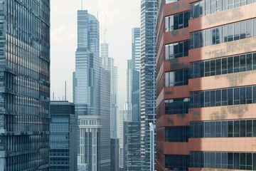 Obraz premium Modern city skyline with contemporary skyscrapers against grey sky.