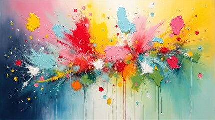 A vibrant, abstract painting with an explosion of colorful flowers splashes and textures