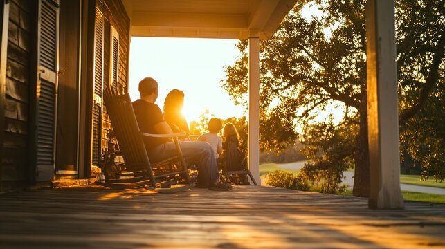 A family sitting on their porch, enjoying a quiet moment together as they watch the sunset.