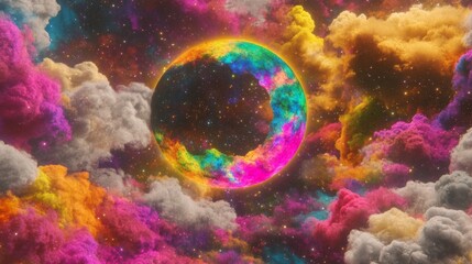 Fototapeta premium Cosmic Rainbow Planet in Nebula Cloudscape