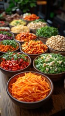 Fototapeta premium Colorful assorted vegetable salad bowls on wooden table.