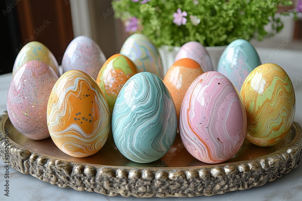 Poster colorful marbled easter eggs arranged on a decorative platter in a bright and cheerful setting
