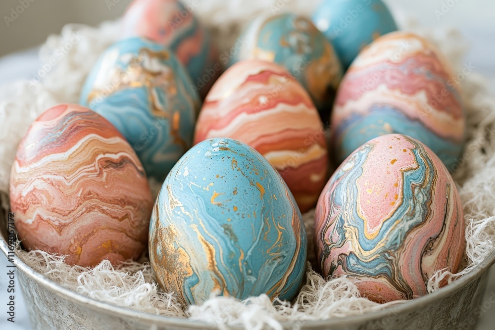 Poster decorative marbled easter eggs arranged in a decorative bowl on a soft background