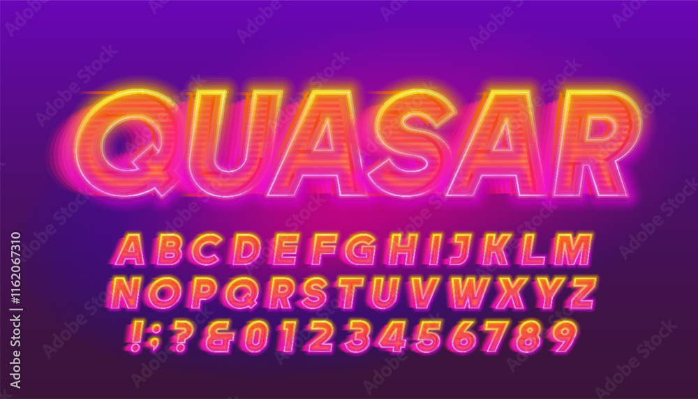 Poster quasar alphabet font. neon color letters and numbers with a high speed effect. stock vector typeface