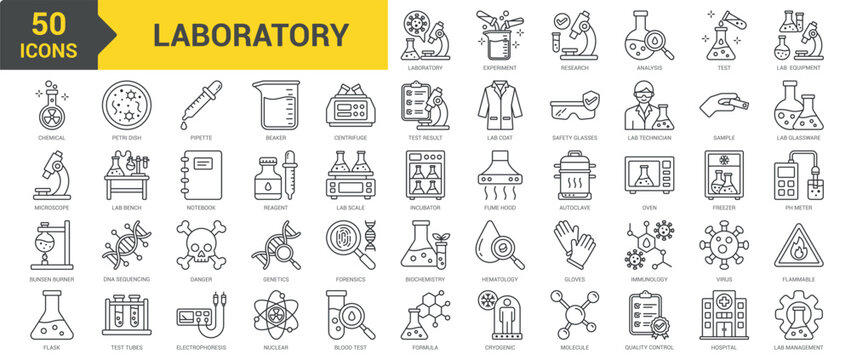 Laboratory icon collection set. Containing experiment, research, formula, analysis, test, equipment, chemical, microscope, bunsen burner, flask, petri dish, pipette, beaker icon. Simple line vector