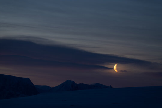 Moon in Antarctica. Night view of Antarctica