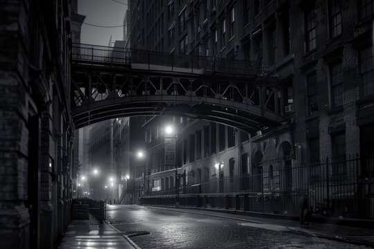 Moody monochrome view of Staple street skybridge by night  in Tribeca  New York City