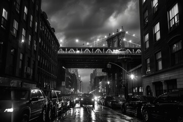 Moody monochrome view of Staple street skybridge by night  in Tribeca  New York City