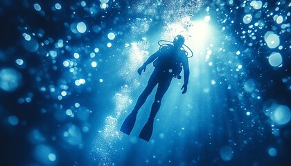 A silhouette of a scuba diver amidst glowing bubbles and brilliant blue light, revealing the mysterious allure of the underwater world