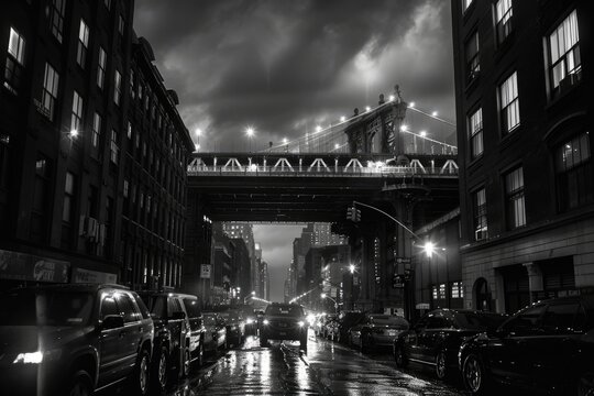Fototapeta Moody monochrome view of Staple street skybridge by night  in Tribeca  New York City