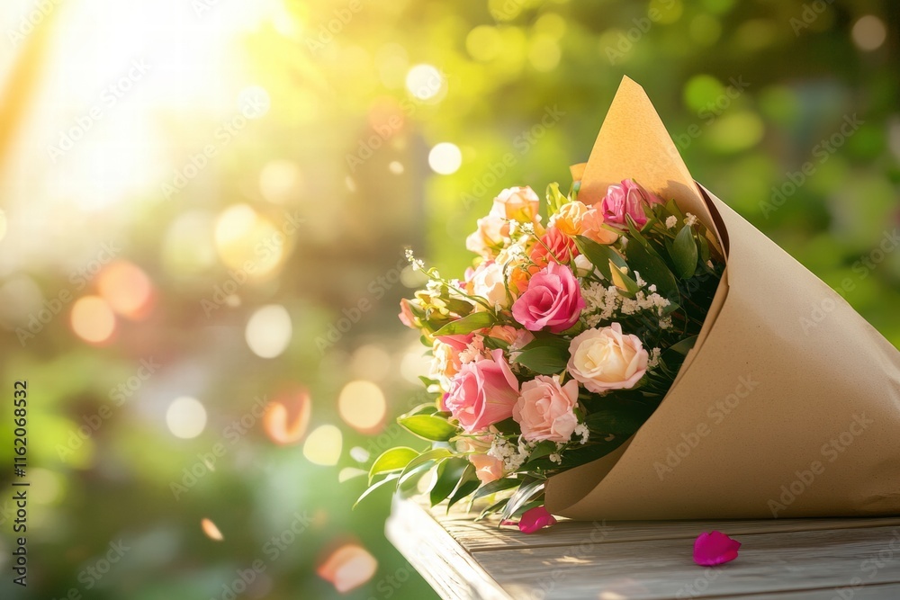 Poster beautiful bouquet wrapped in kraft paper with soft sunlight shining through greenery. generative ai