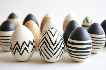 Colorful decorated eggs arranged in a creative display showcasing artistic designs and patterns