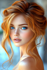 Obraz premium A woman with long red hair and blue eyes. She has a light pink blush on her cheeks