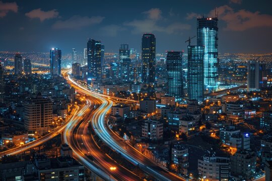 Panorama Of Tel Aviv City And Ayalon Freeway At Night   View of Tel Aviv at night.