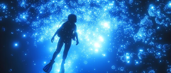 Fototapeta premium Deep underwater, a scuba diver in silhouette drifts through glowing bubbles and shimmering blue light, capturing the essence of ocean exploration