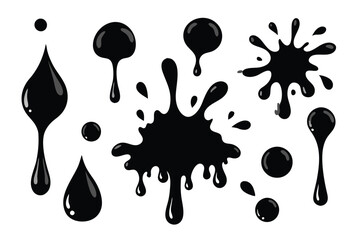  Black oil splashes isolated flat vector illustration on white background.