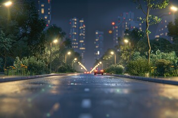 Side view asphalt road on snight scene near the modern city .