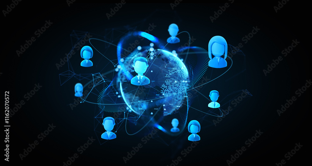 Poster digital network with blue user icons around a glowing globe on a dark background. 3d rendering