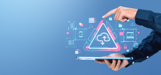 Digital cloud storage concept with icons on blue background.
