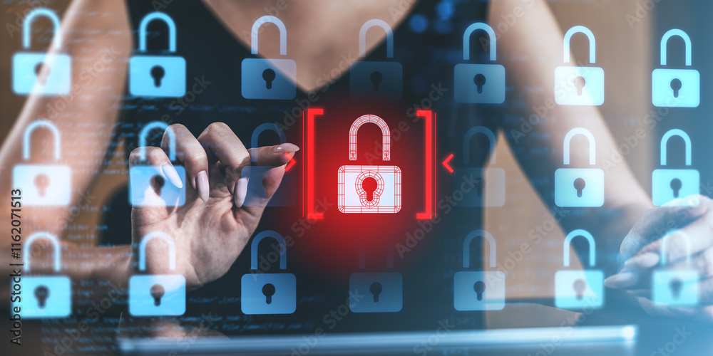 Poster cybersecurity concept showing a hacker attempting to breach a digital padlock system.