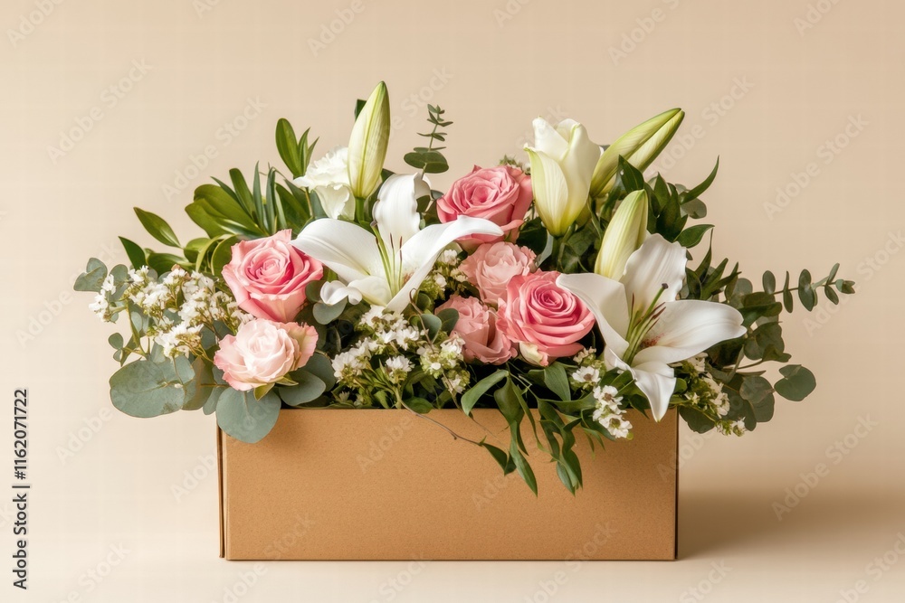 Poster Fresh flowers in a mocha mousse delivery box with ample space for personalization and messaging. Generative AI