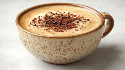 Creamy cappuccino in speckled mug topped with cocoa powder.