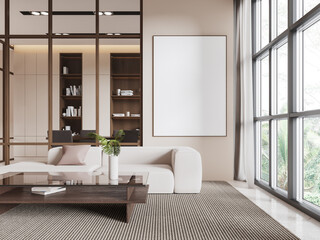 Blank canvas poster mockup on modern living room wall, stylish furniture, and natural light from large windows. 3D Rendering