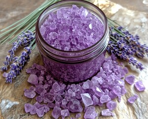 A jar of purple bath salts with lavender sprigs and crystals scattered around it, arranged beautifully on a soft textured surface, perfect for a spa retreat