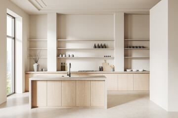 Modern kitchen interior with natural wood cabinets, open shelving, and minimalist decor featuring...