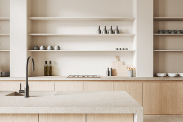 Modern kitchen interior with wooden cabinets, open shelves, and minimalist decor in a neutral color...