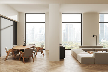 Modern minimalist living and dining space with large windows overlooking a cityscape. 3D Rendering