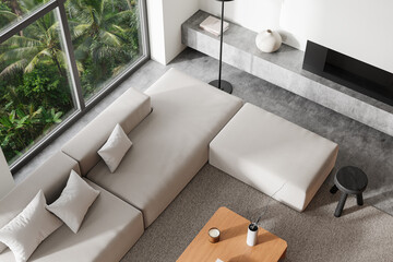 Modern living room interior with minimalistic furniture and large window overlooking lush greenery. 3D Rendering