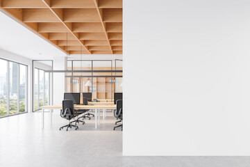 Modern open space office interior with wooden ceiling and glass partitions, featuring desks and...