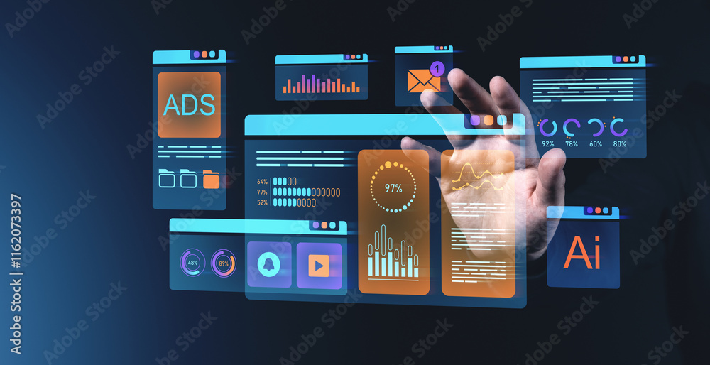 Poster interactive digital dashboard illustration with data charts and analytics concepts.