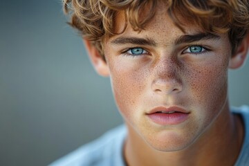 Close-up portrait of a teenage boy with curly blond hair, freckles, and intense blue eyes.