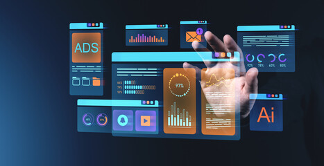 Interactive digital dashboard illustration with data charts and analytics concepts.