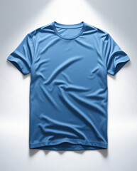 A blue T-shirt is displayed on a light background.