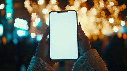 Woman hand holding smartphone with blur bokeh. Blank screen mobile phone for graphic display montage