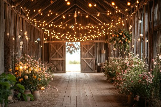 Rustic barn decorated with string lights and flowers creates a romantic atmosphere for a special event