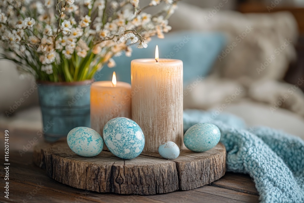 Aufkleber beautifully arranged candles and decorative eggs create a cozy spring atmosphere in a tranquil setti