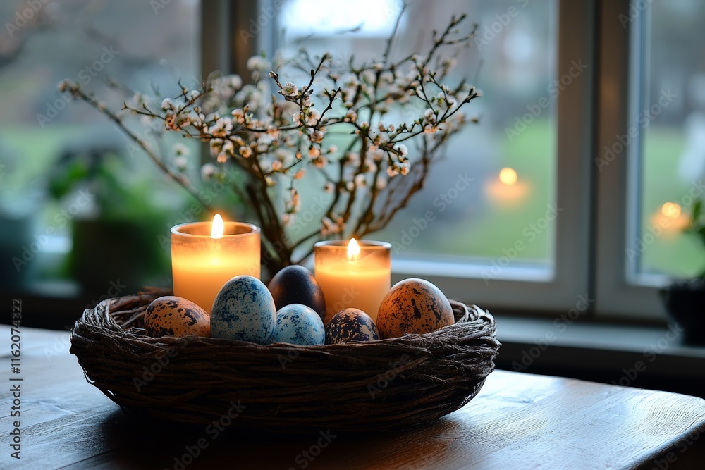 Aufkleber Decorative Easter eggs in a basket with candles on a table near a window adorned with spring branches