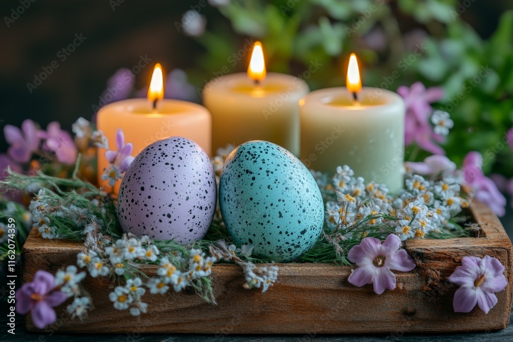 Aufkleber colorful speckled eggs surrounded by candles and flowers create a serene easter display in soft ligh
