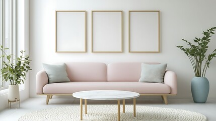 Fototapeta premium Minimalist living room interior design with pink sofa, three frames, and plants.