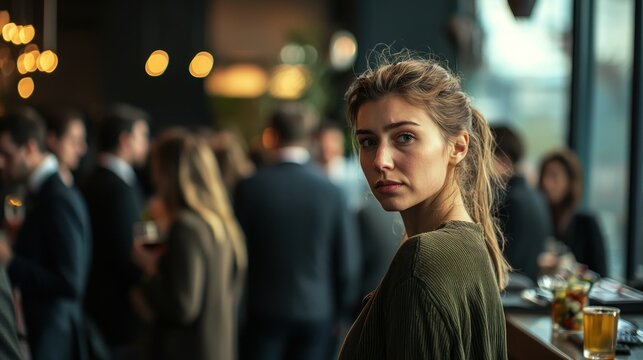 Shy woman at a social gathering, standing slightly apart from the crowd while observing, conveying her introverted personality