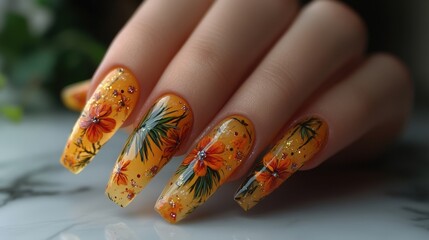 Close-up of a hand with long, orange and yellow floral nail art.
