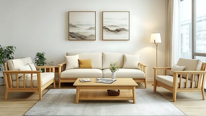 Fototapeta premium Modern light wood living room furniture set with beige cushions, coffee table, and artwork.