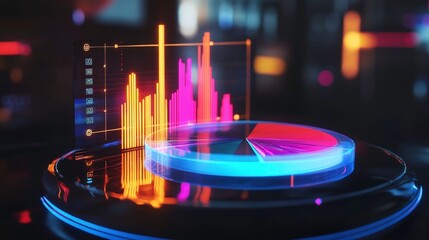 The image features a futuristic data visualization with a pie chart and bar graph, showcasing colorful data representations on a sleek, illuminated platform, emphasizing analytics and technology.