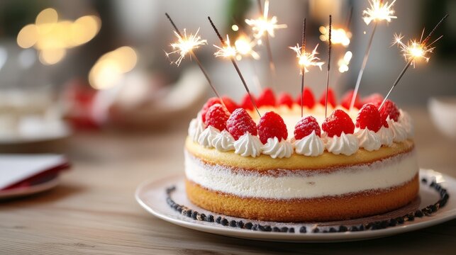 A celebratory cake adorned with fresh strawberries and sparklers, perfect for a festive occasion. The scene is warm and inviting, ideal for gatherings and celebrations.