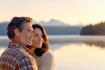 Obraz premium Mature couple embraces near serene lake during sunset, showcasing love and connection in a peaceful setting