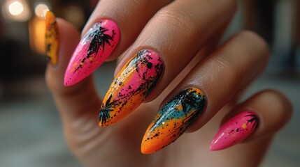 Close-up of a hand with stylish, vibrant, tropical-themed nail art featuring pink, orange, and teal colors, palm tree silhouettes, and black splatter accents on long, pointed nails.